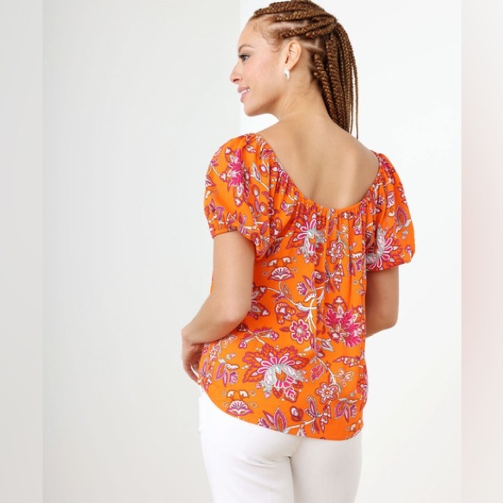 Cleo Floral Cold Shoulder Short Sleeve Orange Peasant Blouse Medium - Picture 5 of 5
